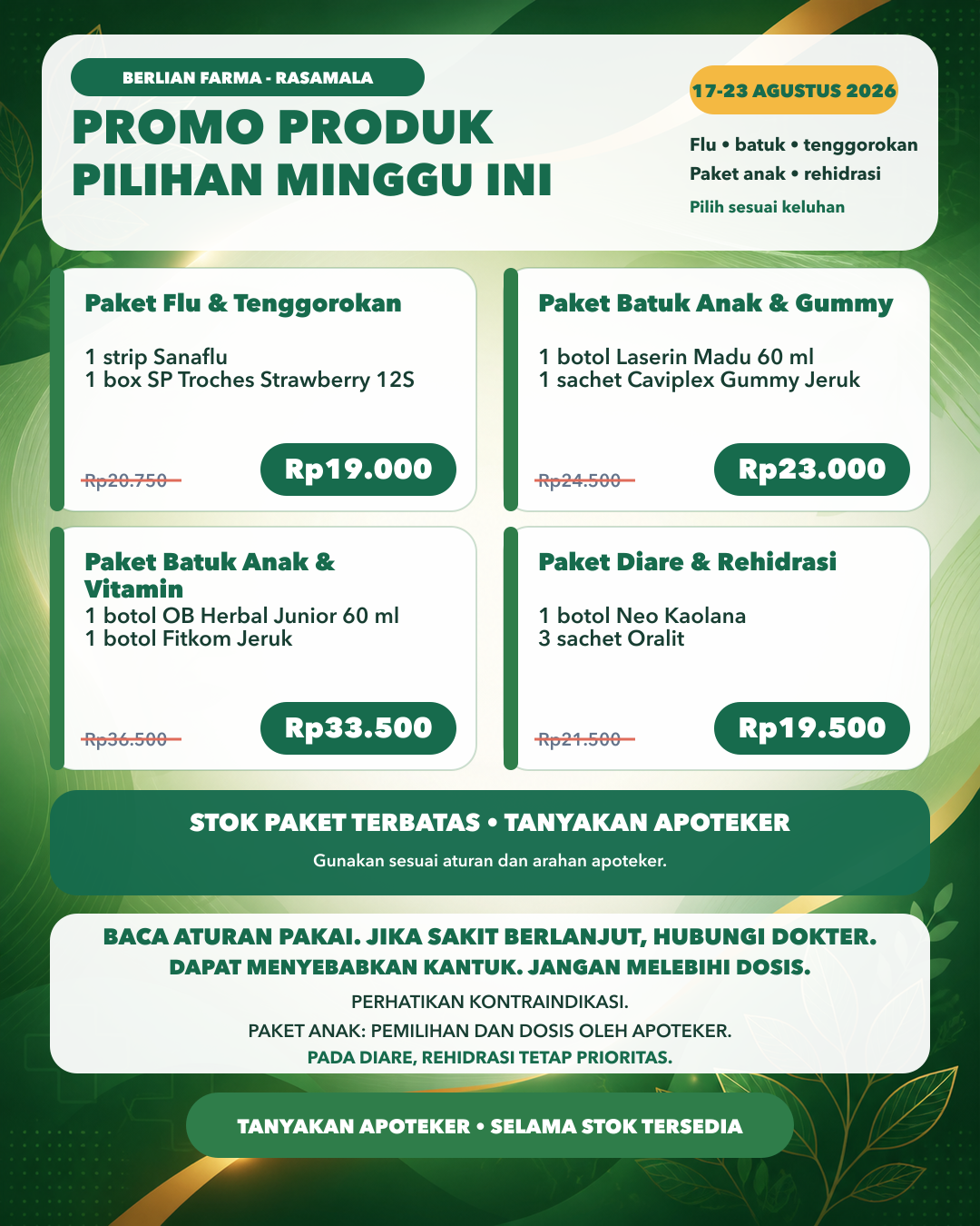Flyer promo mingguan Apotek Berlian Farma Rasamala, periode 17–23 Agustus 2026