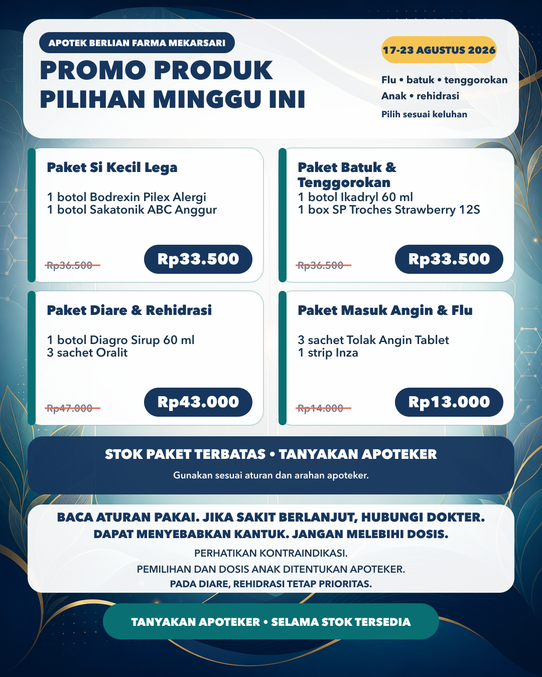 Flyer promo mingguan Apotek Berlian Farma - Obat & Suplemen Mekarsari, periode 17–23 Agustus 2026