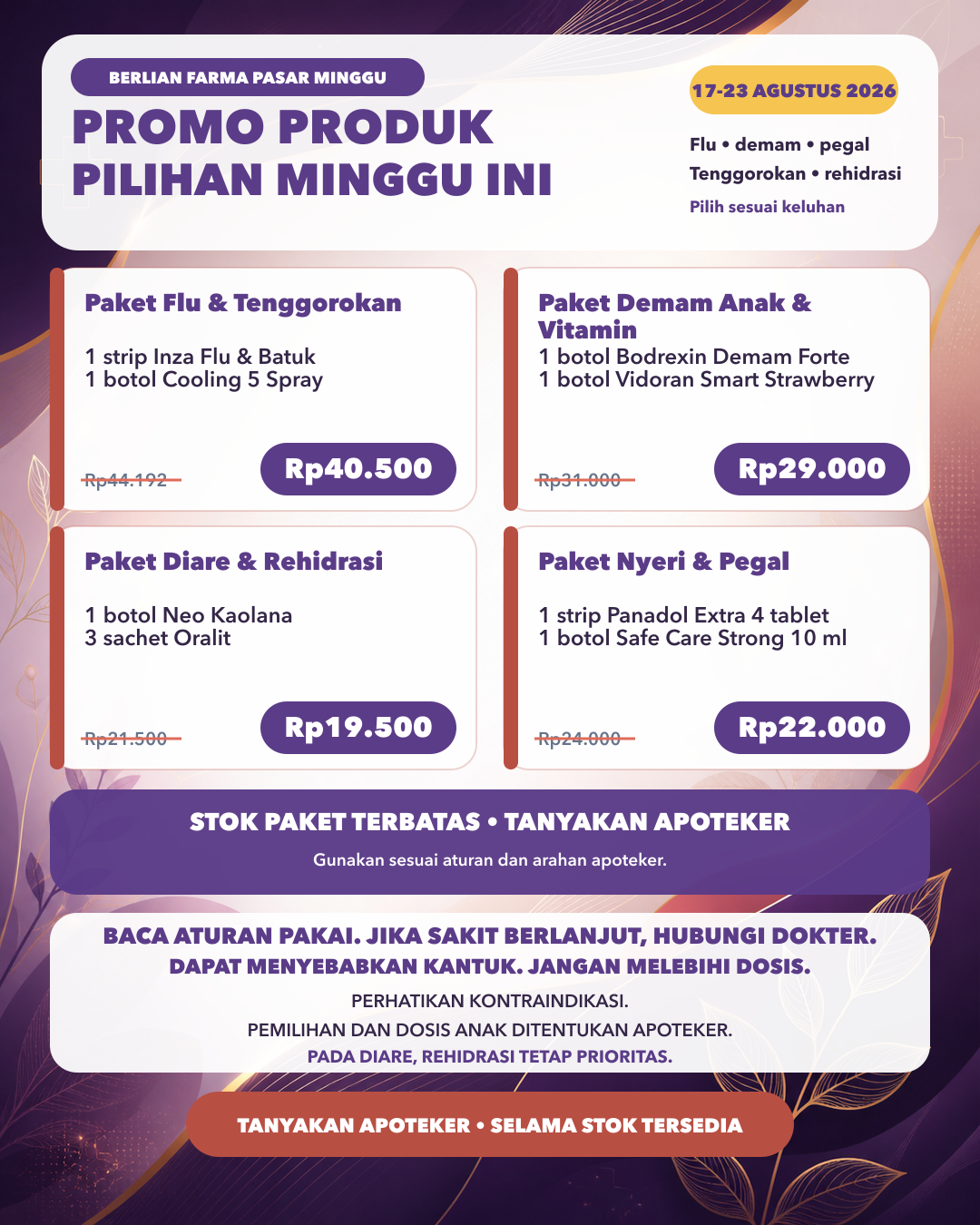 Flyer promo mingguan Apotek Berlian Farma Pasar Minggu, periode 17–23 Agustus 2026
